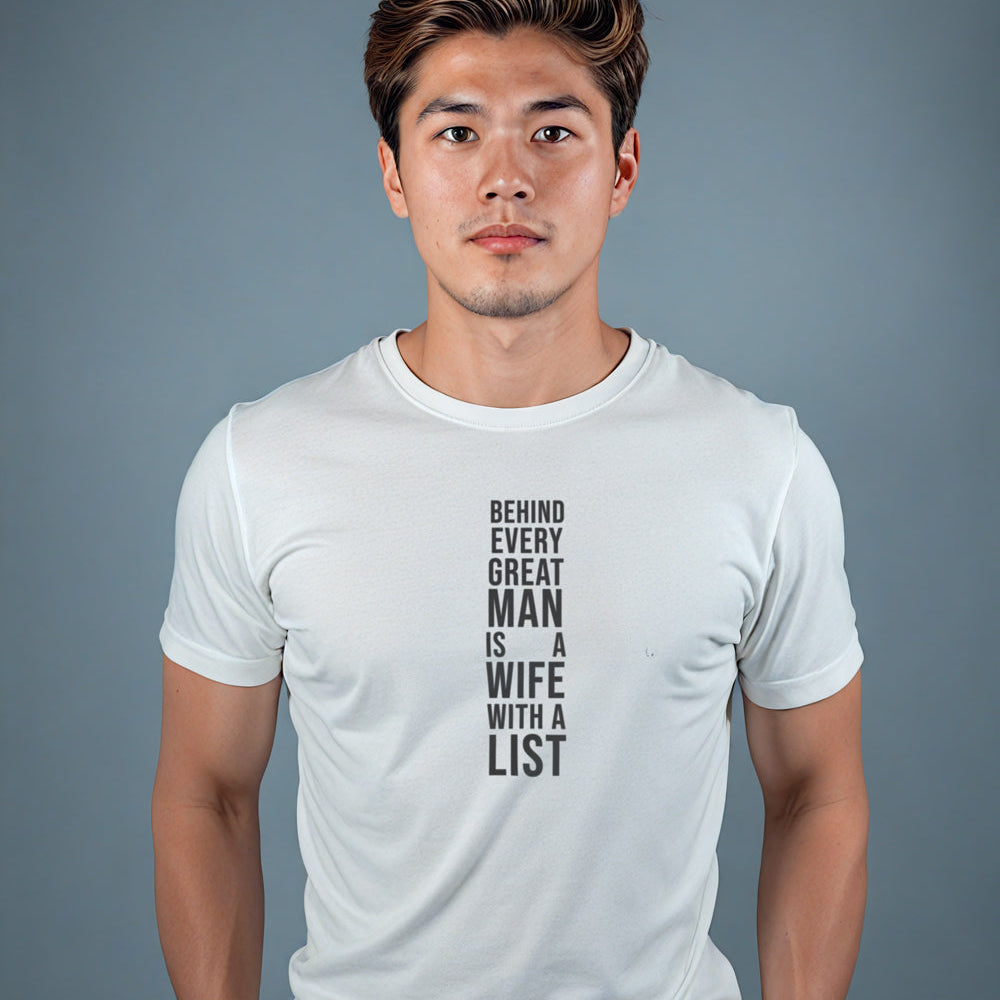 "Behind Every Great Man Is A Wife With A List" Statement T-Shirt
